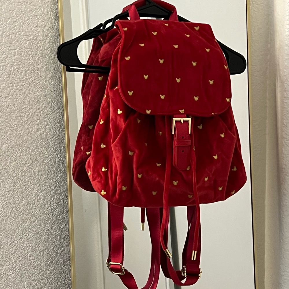 Stoney Clover Lane Red Velvet Backpack with Gold Mickey Mouse Accents